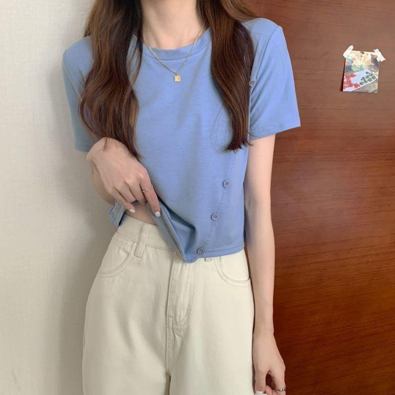 Summer Personality Tops button Women Ladies Irregular Loose Short Sleeve T-shirt Blouse