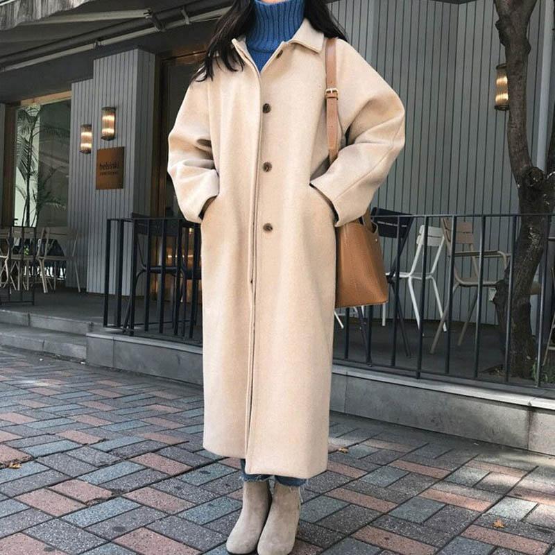 Woolen Coat Women's Long Autumn and Winter Loose Student Over-knee Hepburn Style Black Woolen Coat