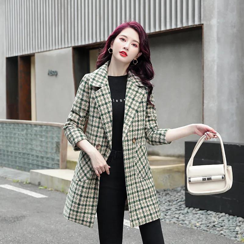 Coat Women's Spring and Autumn Plaid Woolen Coat Mid-length Slim Trench Coat