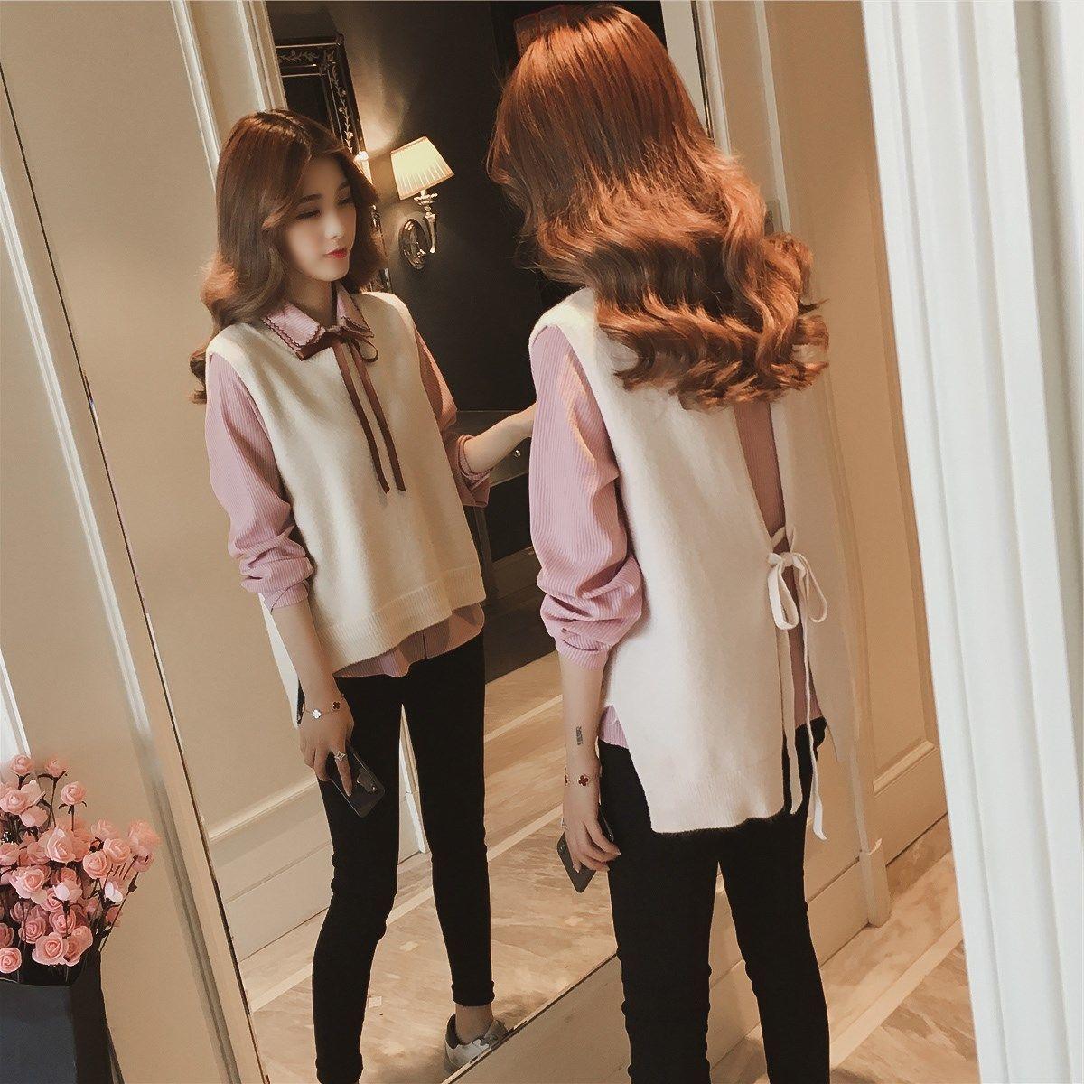 Spring and Autumn Vest Shirt Two-piece Long-sleeved Turn Down Collar Bottoming Shirt Top Shirt