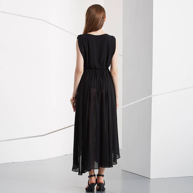 Pofulove Summer Chiffon Dress Sleeveless V-neck Irregular Pleated Ruffled Dress Long party Dress