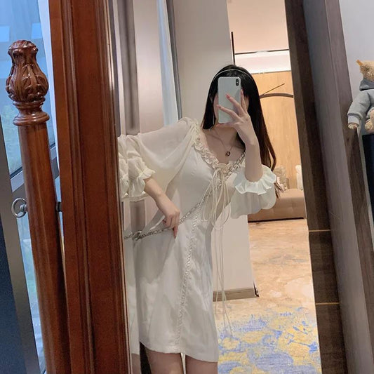 Women Spring Summer Vintage Long Sleeve Short Dress Slim High Waist Elegant Solid Color A-line Party Dress