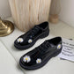 Women 'S Spring Flats Shoes Little Daisy Embroidery Loafers Black Leather Casual Footwear Thicken Sole Shoes