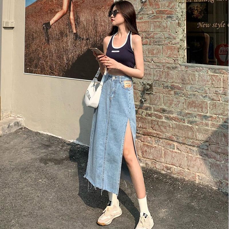 Denim Skirt Long Skirt Women Solid Split  High Waist Over The Knee Hip Skirt Casual Club Home Office