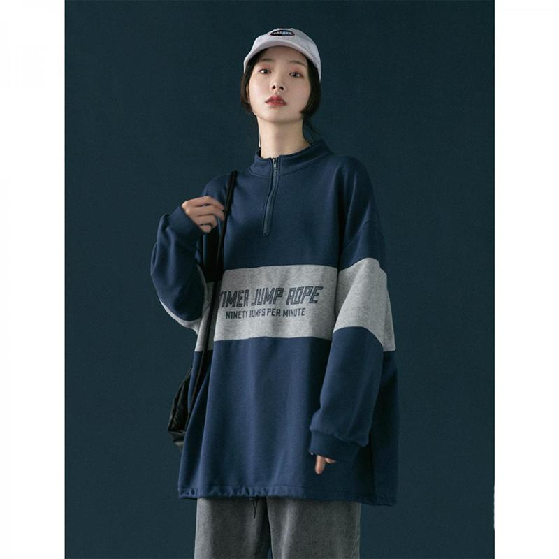Half Zipper High Neck Sweater Women Autumn Vintage Sports Style Korean Loose Pullover Coat