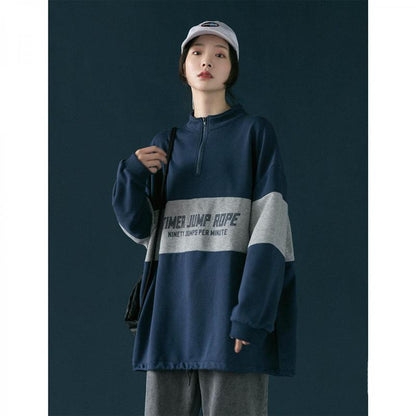 Half Zipper High Neck Sweater Women Autumn Vintage Sports Style Korean Loose Pullover Coat