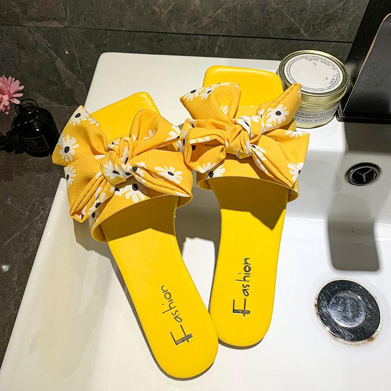WTEMPO Slippers Women Printed Bow Square Head Flat  Indoor Non-slip  Flip Flop Beach Bedroom Home  Go Out