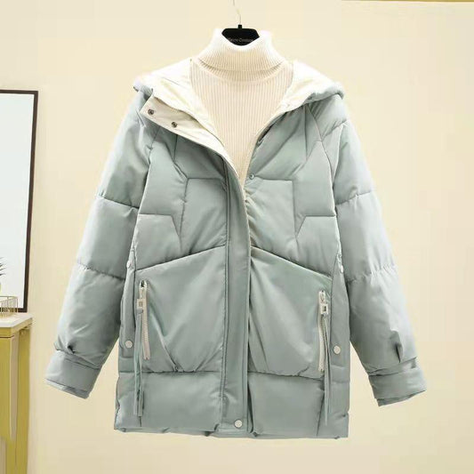 Winter Mid-length Thick Windproof Cold Warmth Loose INS Style Casual Slim Solid Color Ladies Hooded Coat Jacket Padded