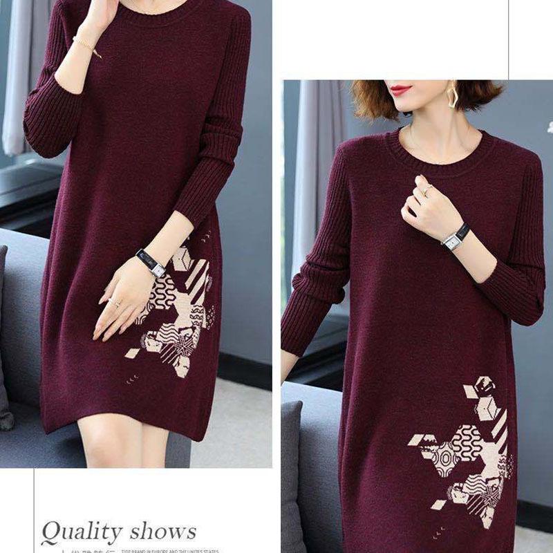 Autumn and Winter Loose Mid-length Dress Large Size Casual Printing Base Skirt Temperament Middle-aged Women Sweater Dress