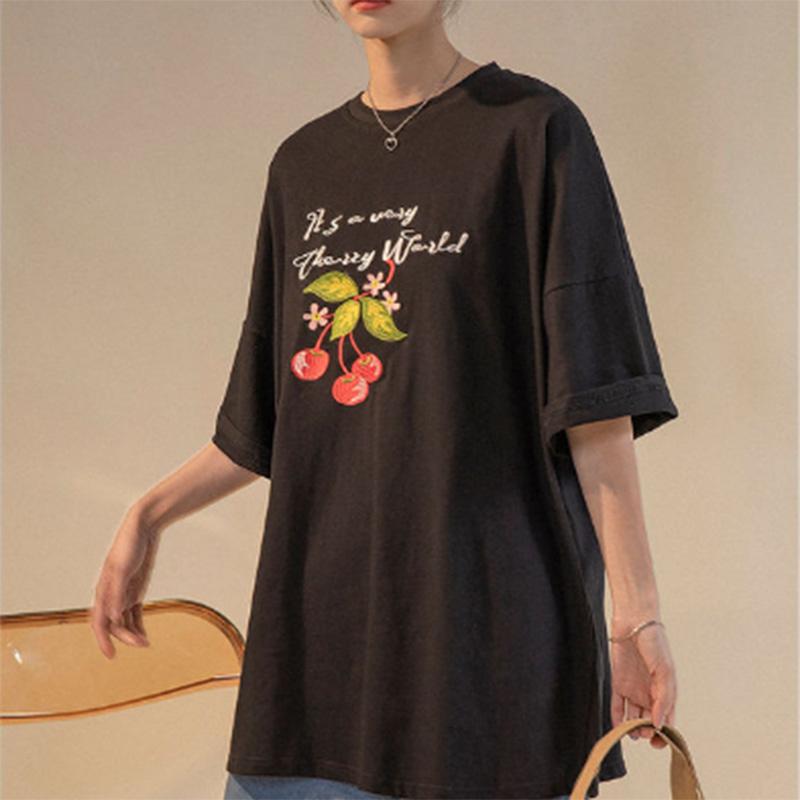 100% Cotton Hong Kong Flavor Retro Cherry Print Short-sleeved T-shirt Women's Summer Thin Design Niche Tops Trendy Ins