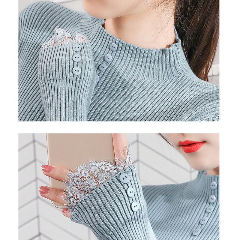 Slim All-match Knit Sweater Bottoming Top Half High Collar Lace Sleeve Button Sweater Women's Inner Wear Autumn and Winter