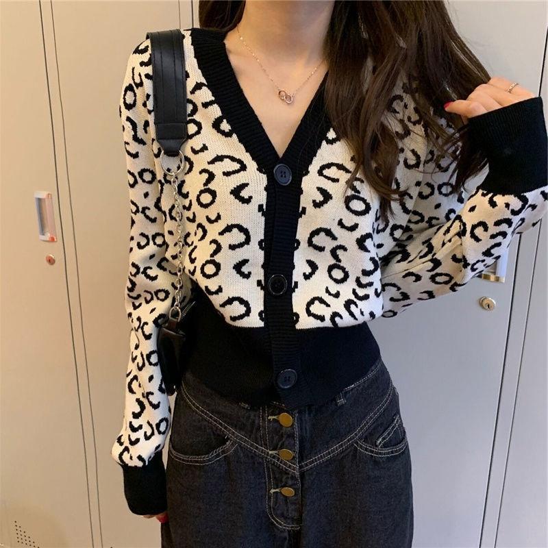 Spring Contrast Color V-neck Long-sleeved Short Leopard-print Knitted Cardigan Women's Outer Slim Sweater Coat