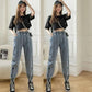 Embroidered Heart Harem Jeans Women's Spring and Autumn Denim Trousers High Waist Elastic Large Size Loose Casual Denim Pants