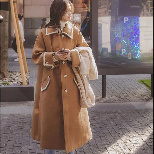 Autumn and Winter Woolen Coat Korean Version of Thin Lapel Coat Mid-length Over The Knee Plus Size Women's Woolen Coat