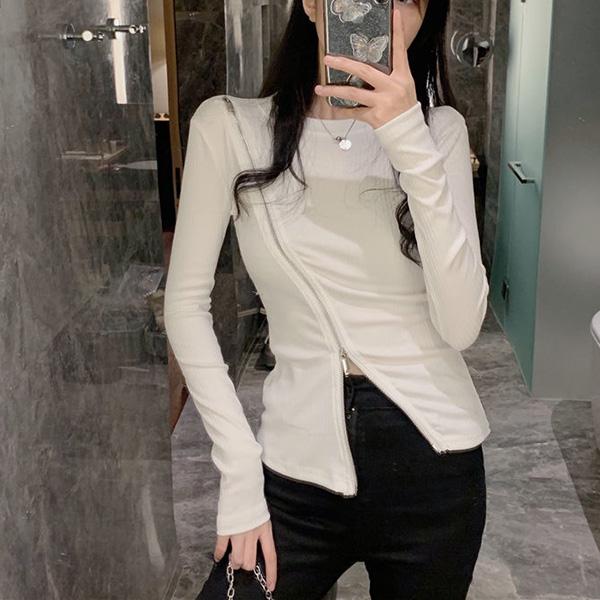 Niche Design Zipper Long-sleeved T-shirt Long-sleeved Slim Bottoming Shirt Round Neck Solid Color Fashion Top
