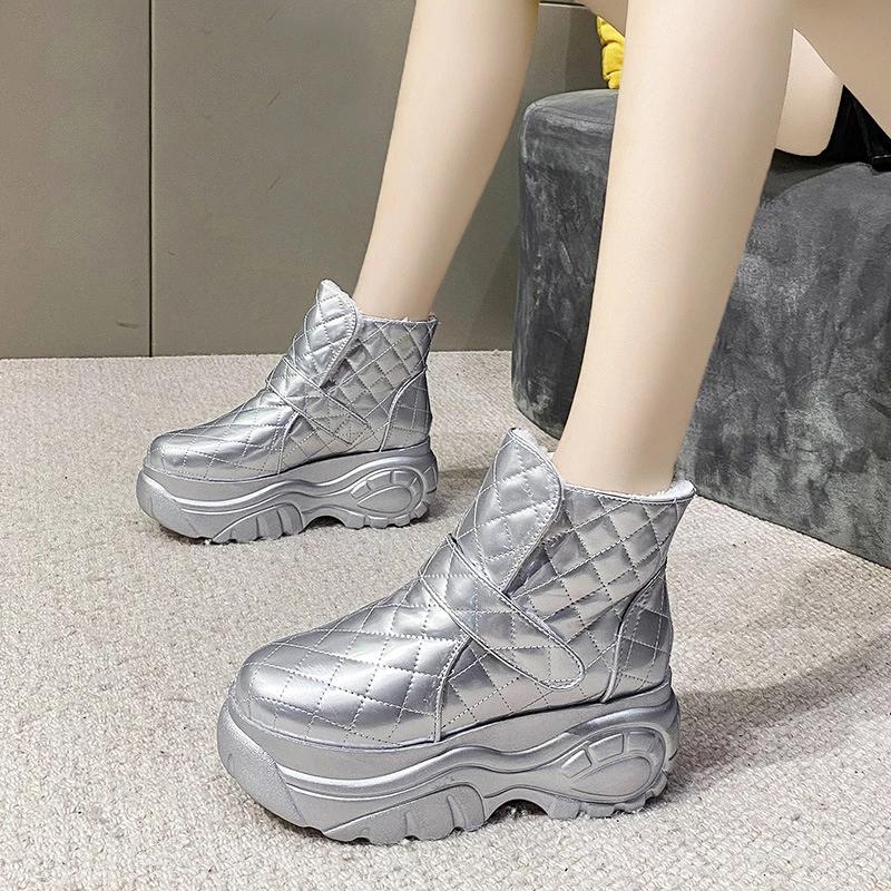 Platform Boots for Women Winter Shoes Black White Silver Patent Leather Snow Boots Ankle Booties Warm Chunky Flat Boots