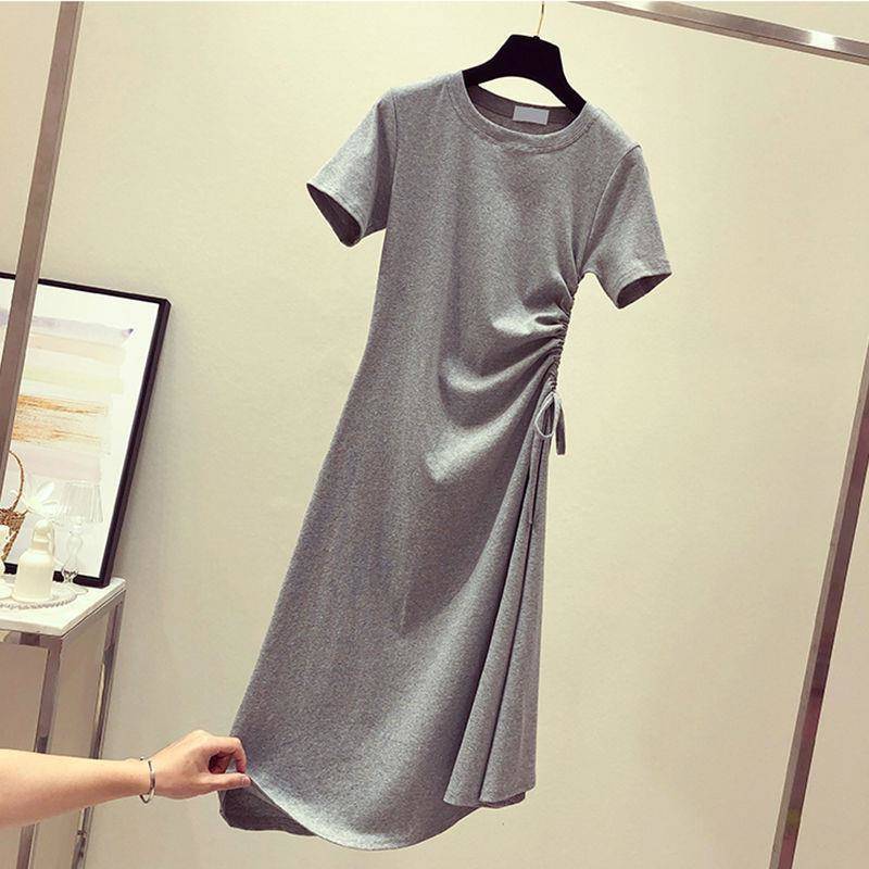 Ladies Mid-length  Round Neck Slim Base Short Sleeve Loose and Casual Solid Color Roped Drawstring Dress