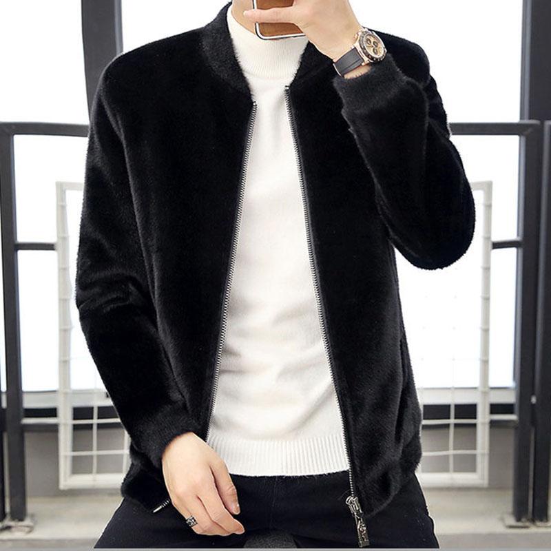 Autumn and Winter Men's Short Jacket Korean Style Slim Knit Jacket Gray Faux Fur Casual Jacket