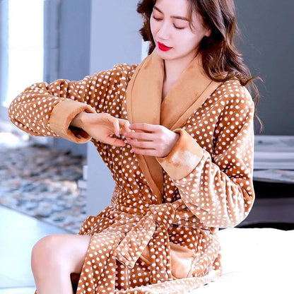 Women's Autumn Winter Thickened Coral Fleece Nightgown Robe Long Sleeves Flannel Bathrobe Plus Fleece Nightgown Large Size Bathrobe Sleeping Suit