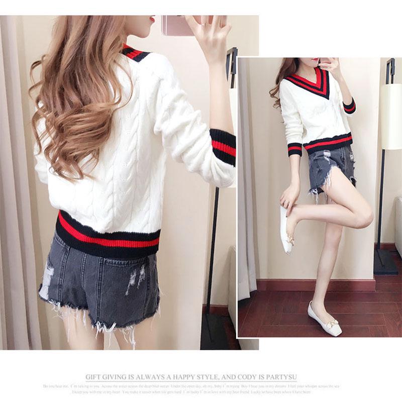 Autumn and Winter Loose Top Knitted Padded Base Shirt V-neck Striped Women's Sweater