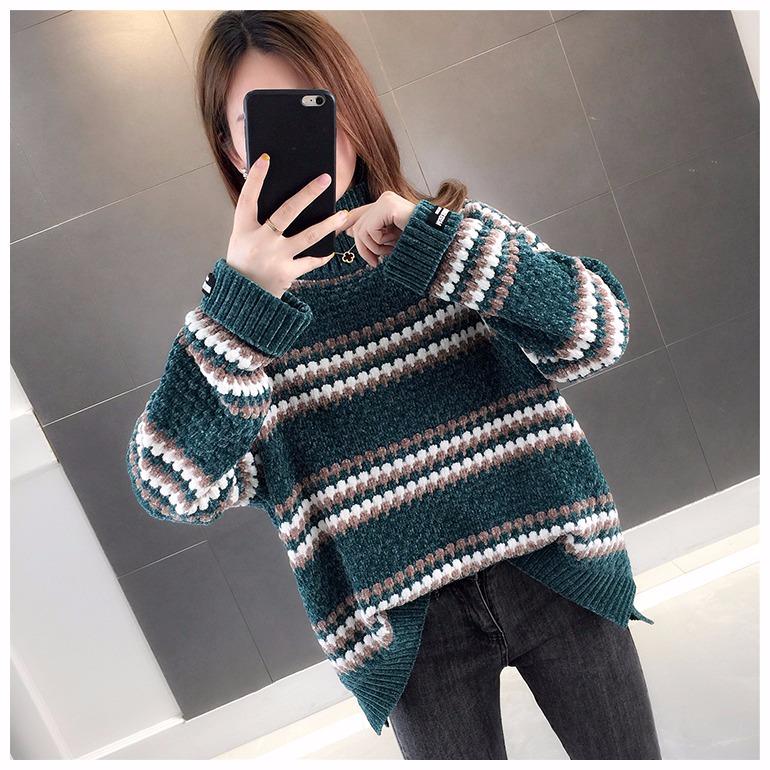 Pofulove Women stripe Turtleneck sweater pullover winter pleuche sweater Knit Long Sleeve jumper