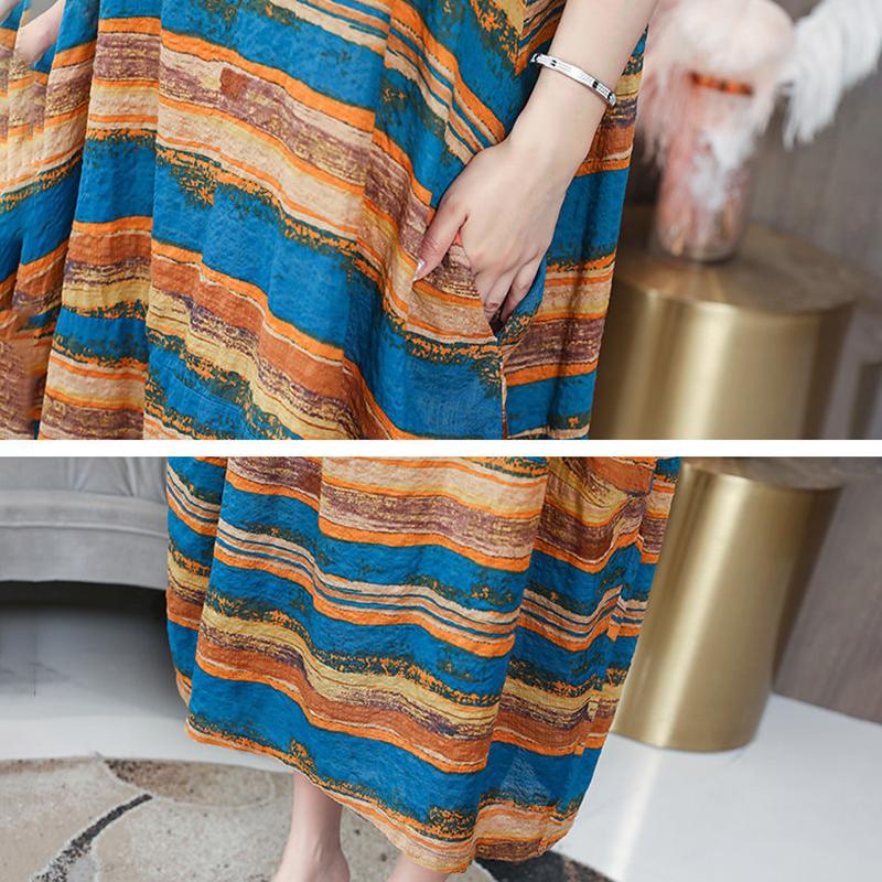 Women's Dress Loose Large Size Fat MM Dress Covering Belly Was Thin Striped Mid-length Skirt O-neck Short-sleeved Long Casual Loose Dress