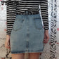Denim Skirt with Belt Solid Color button High Waist Pocket Student Short Cowboy Skirt Knee Length A-line Skirts