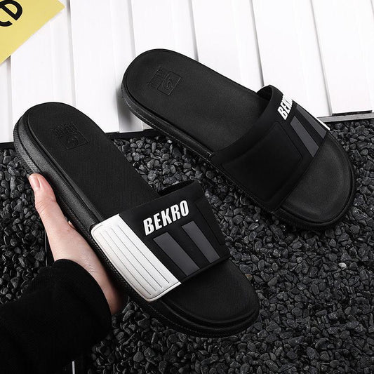 Size38-45 Summer Men Sandals Comfortable Non-slip PU Leather Letter Stripe Beach Slippers Casual Outdoor Slippers Drag Flip Flops