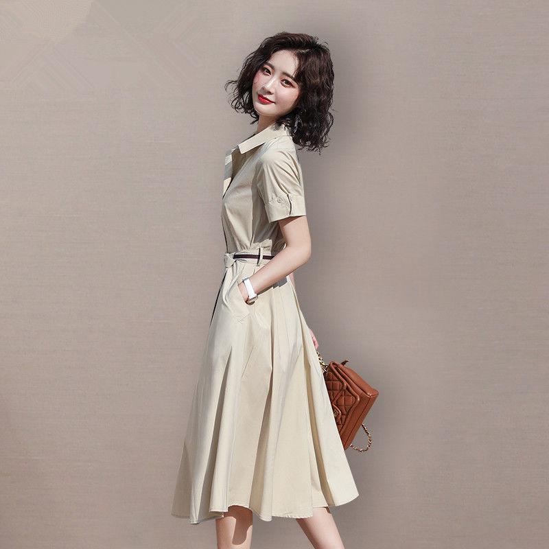 Summer Women's Skirt Plus Size Apricot Workplace Skirt Professional Dress Ol Suit Collar Short Sleeve Dress
