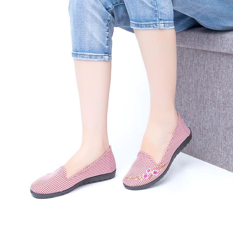 Middle-aged and Elderly Canvas Plaid Single Shoes Flat Shallow Mouth Cloth Shoes Breathable Comfortable Women's Shoes