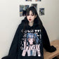 Punk Gothic Hoodies Black White Anime Printed Fashion Japanese Style Pullover Sweatshirts with Chain Girl Hip Hop Hipster Tops Fleece Thick Winter
