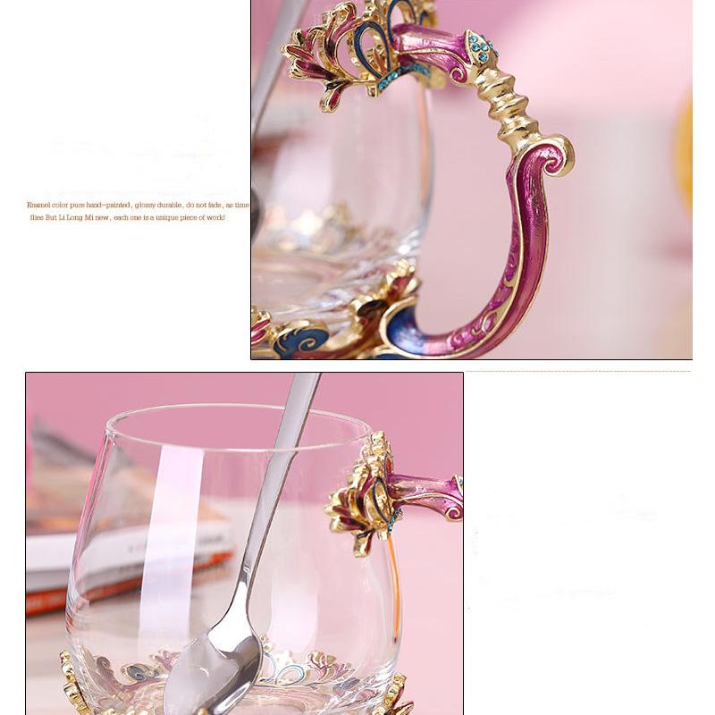 Retro Enamel Color Water Cup Flower Teacup Personality Trend Glass Female Teacup Creative Home Coffee Cup with Lid Spoon