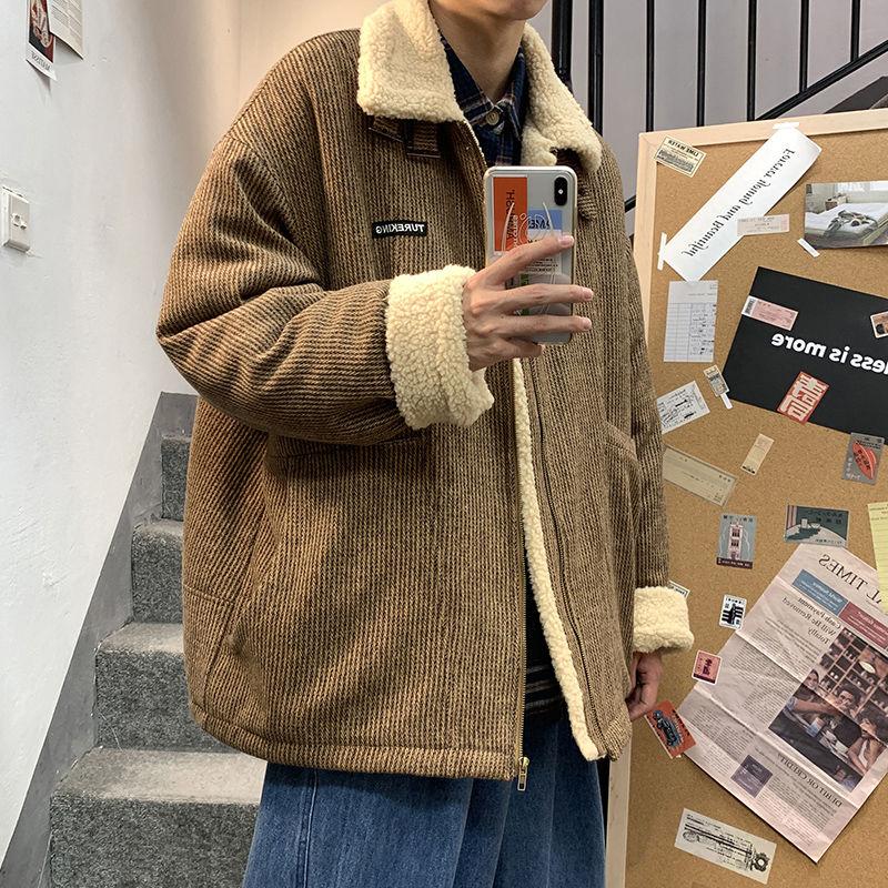 Lamb Wool Coat Men's Ins Style Korean Version of The Trend Plus Velvet Thickening Couple Cotton Winter Short Lapel Corduroy Cotton Coat