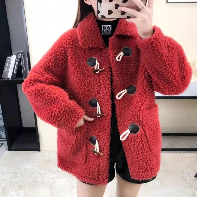 Women's Lamb Wool Coat Horns Buckle Sheared Wool Winter Korean Style Thick Square Collar Not Shed Hair Lapel Casual Loose Grain fleece Jacket Coat
