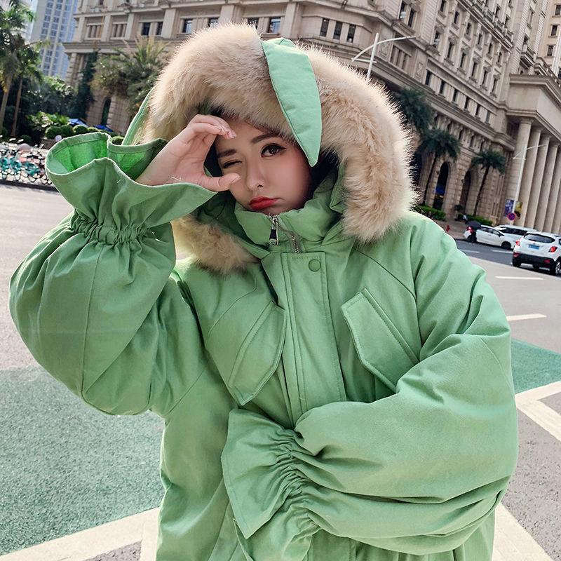 Winter Ruffled Thickened Women's Cotton-padded Jacket Mid-length Fur Collar Hooded Cute Rabbit Ears Cotton-padded Jacket Fashion Warmth Parka Coat