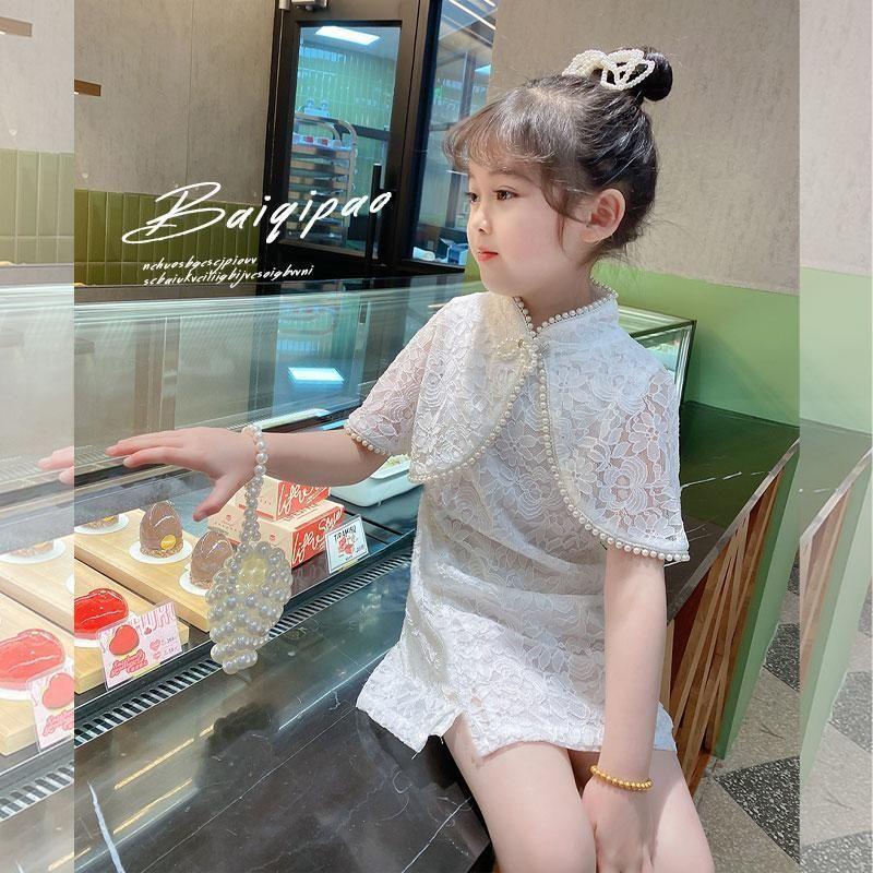 Summer Kids Dresses for Girls Little Girls Clothes Party Birthday Toddler Children Lace Princess Costume Pure Color Pearl Shawl Cheongsam Hanfu