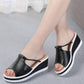 Leather Wedge Sandals Women's Wear Thick-soled Sandals Go Out Non-slip Slip-on Slippers Thick-heeled Women's Shoes with Diamond Decoration