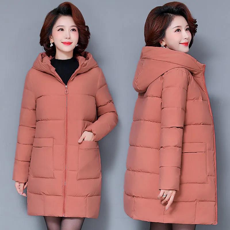 Winter Down Jacket Fashion Solid Color Hooded Parka Coat Thick and Warm Mid-length Down Cotton Jacket for Women
