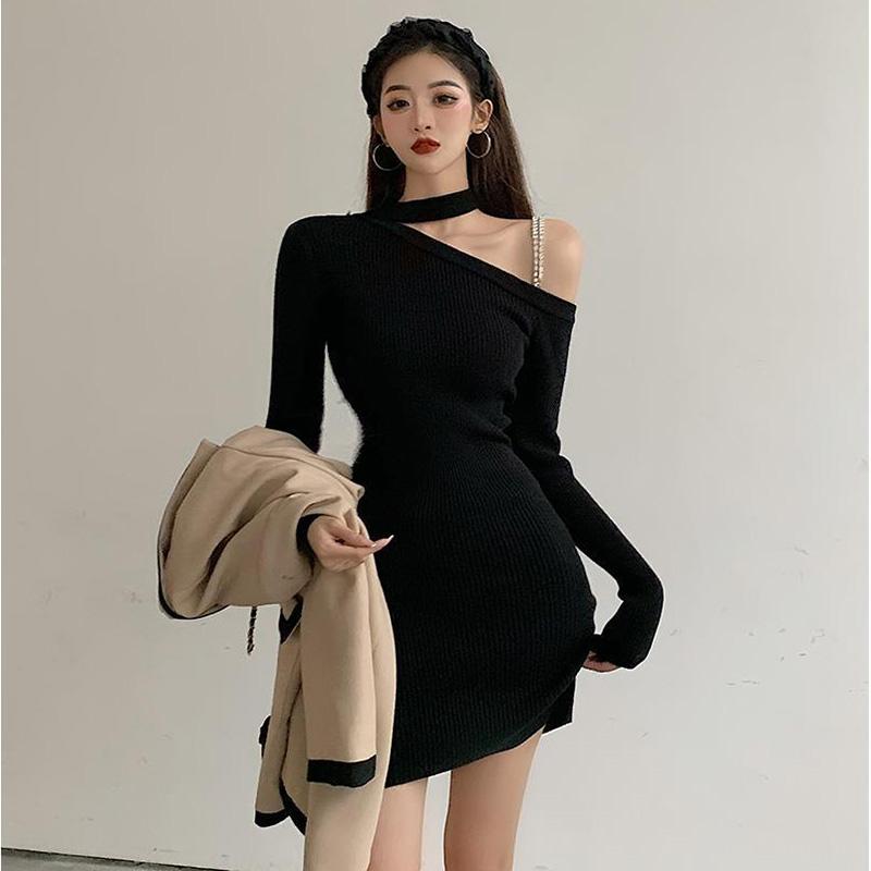 WTEMPOWomen Sexy Hollow Out Strapless Temptation Slim Long Sleeve Split Snap Tight Nightclub Bar Dress