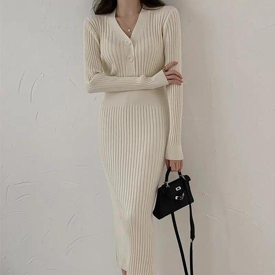 Women's Autumn and Winter Slim Long Sweater Dress Ladies Large Size Solid Color Party Elastic Knitted Dress