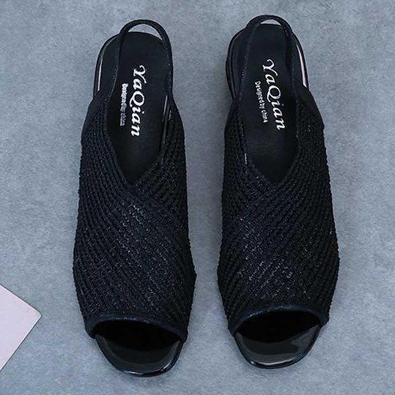 Plus Size 35-41 Summer Women Outdoor Hollow Mesh High Heels Flat Bohemian Beach Shoes Non-slip Office Lady Sandals