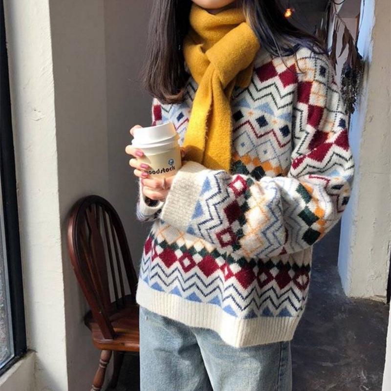 Pofulove sweater female students loose college style round neck wild jacquard pullover sweater women