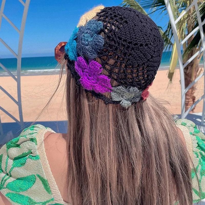 Gradient Stereo Flower Bag Head Hat Woman National Handmade Crochet Knit Hat Openwork Towel Hat