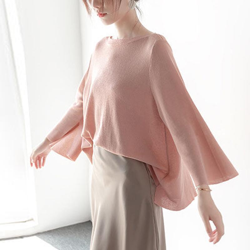 Knit Sweater Women Loose T-shirt Thin Spring, Summer and Autumn Trumpet Three-quarter Sleeves One-shoulder Top