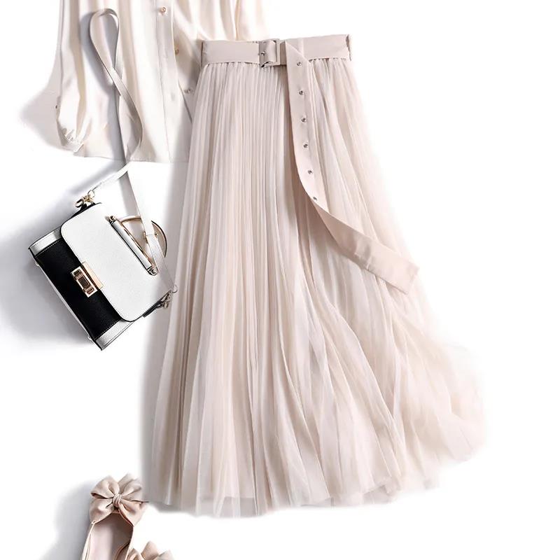 Half-length Skirt with Belt Female Autumn and Winter Mid-length A-line Pleated Skirt Fairy Mesh Drape Skirt