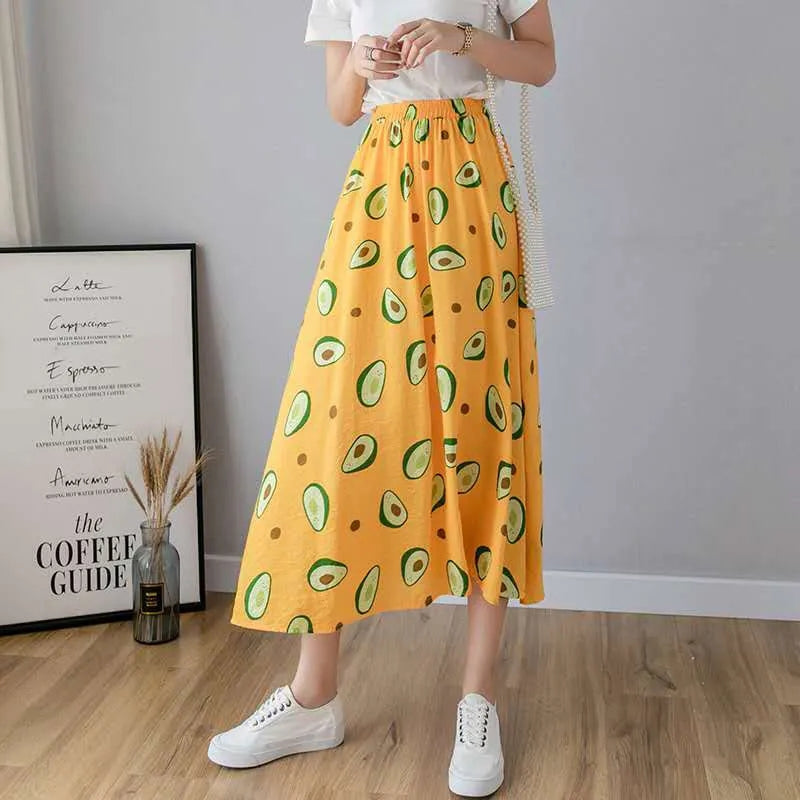 Skirts Womens Female Casual Ankle-length Skirt Summer Loose Thin A-line Skirts High Waist All-match Avocado Print Skirt
