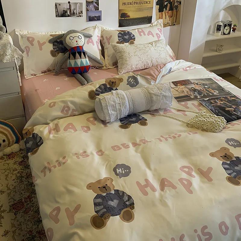 Simple Spring and Summer Love College Style Four-piece Bedding Set for Student Dormitory Blue Duvet Cover Four-piece Set
