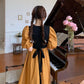 Women's Summer Dress V-neck Puff Sleeves Solid Color Slim Over The Knee Midi Skirt