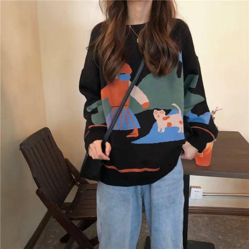 Pofulove Autumn Winter Drop Shoulder Sweater Women Fashion Korean Loose Jacquard Wild Sweater