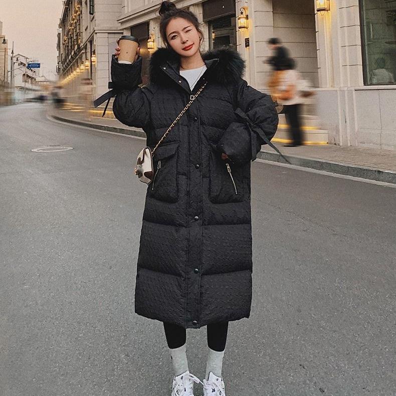 Winter New Style Loose Long Padded Jacket Padded Down Padded Jacket Coat Fluffy Big Fur Collar Over The Knee Long Down Jacket Elegant and Beautiful